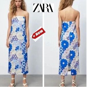 Zara blue purple floral flower print hippie strapless midi dress 70s 80s NWT